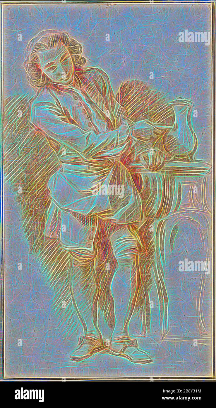 Étude de Valet avec cafetière, c. 1739, François Boucher, français, 1703-1770, France, craie rouge, avec craie noire, et touches de graphite, rehaussés de craie blanche, sur papier à feuilles de buff, 346 × 195 mm, repensé par Gibon, design de gaie chaleureuse de luminosité et de rayons de lumière radiance. L'art classique réinventé avec une touche moderne. La photographie inspirée du futurisme, qui embrasse l'énergie dynamique de la technologie moderne, du mouvement, de la vitesse et révolutionne la culture. Banque D'Images