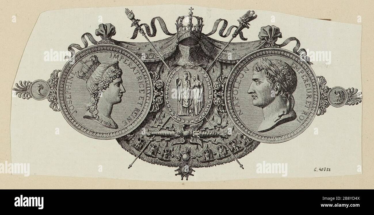 Portrait médaillon de Josephine et Napoléon sur fond et ornements du manteau du couronnement Banque D'Images