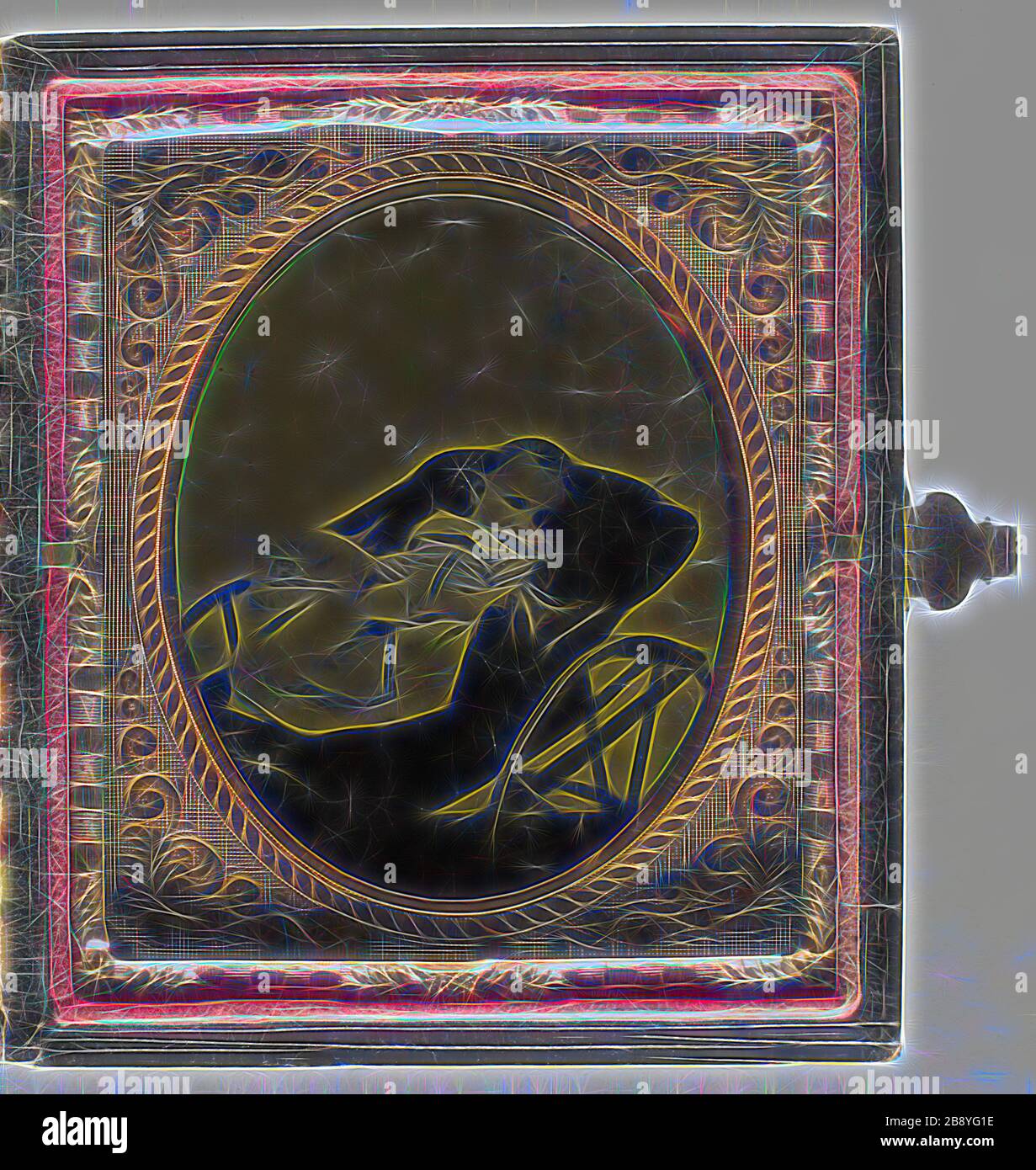 Sans titre, 1839/99, XIXe siècle, lieu inconnu, Tintypes, 8,3 x 7 cm (chaque plaque), 9,4 x 8,2 x 2 cm (boîte), repensé par Gibon, design de gaieté chaleureuse et gaie de luminosité et de rayonnement de rayons lumineux. L'art classique réinventé avec une touche moderne. La photographie inspirée du futurisme, qui embrasse l'énergie dynamique de la technologie moderne, du mouvement, de la vitesse et révolutionne la culture. Banque D'Images