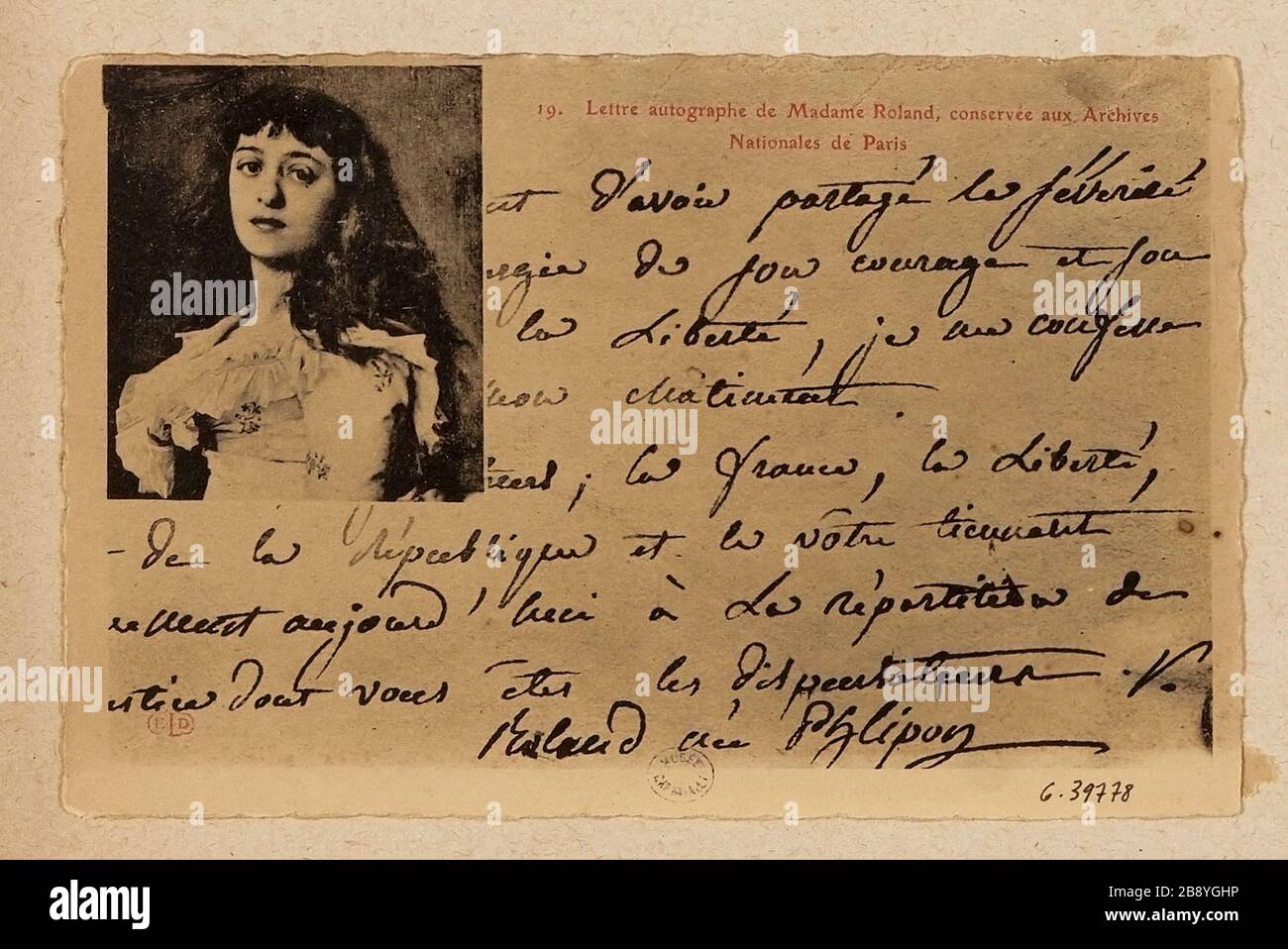 Autograph lettre de Madame Roland conservée aux Archives / National de Paris Banque D'Images