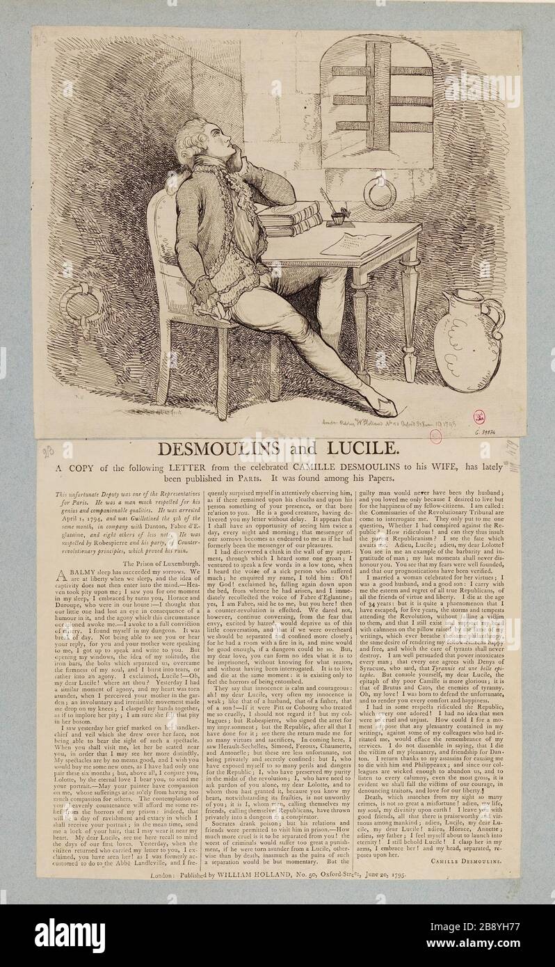 DesMoulins et Lucile [gravure française montrant DesMoulins en prison par écrit à sa femme; accompagnée du texte de sa dernière lettre] Banque D'Images