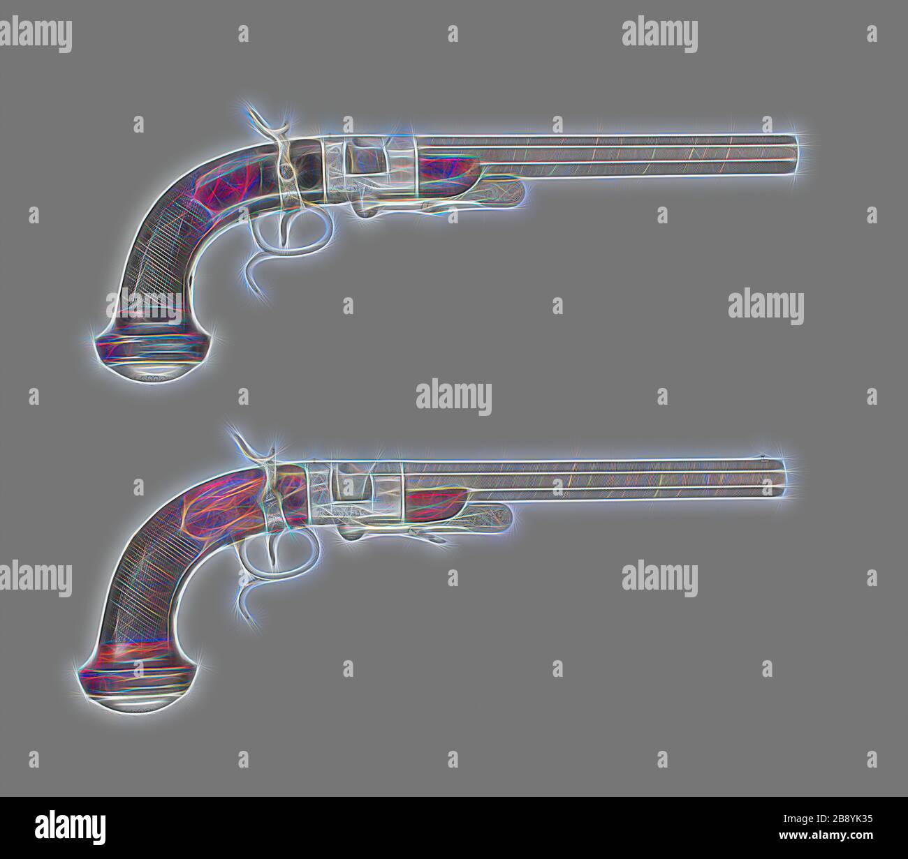 Paire de percussions de Breechloading a fui Dueling Pistols, c. 1850, Beatus Beringer, français, Paris et Saint-Etienne, Paris, noix et acier, dans l'ensemble l. 40,5 cm (15 7/8 in.), repensé par Gibon, design de gai chaleureux de luminosité et de rayonnement de rayons lumineux. L'art classique réinventé avec une touche moderne. La photographie inspirée du futurisme, qui embrasse l'énergie dynamique de la technologie moderne, du mouvement, de la vitesse et révolutionne la culture. Banque D'Images