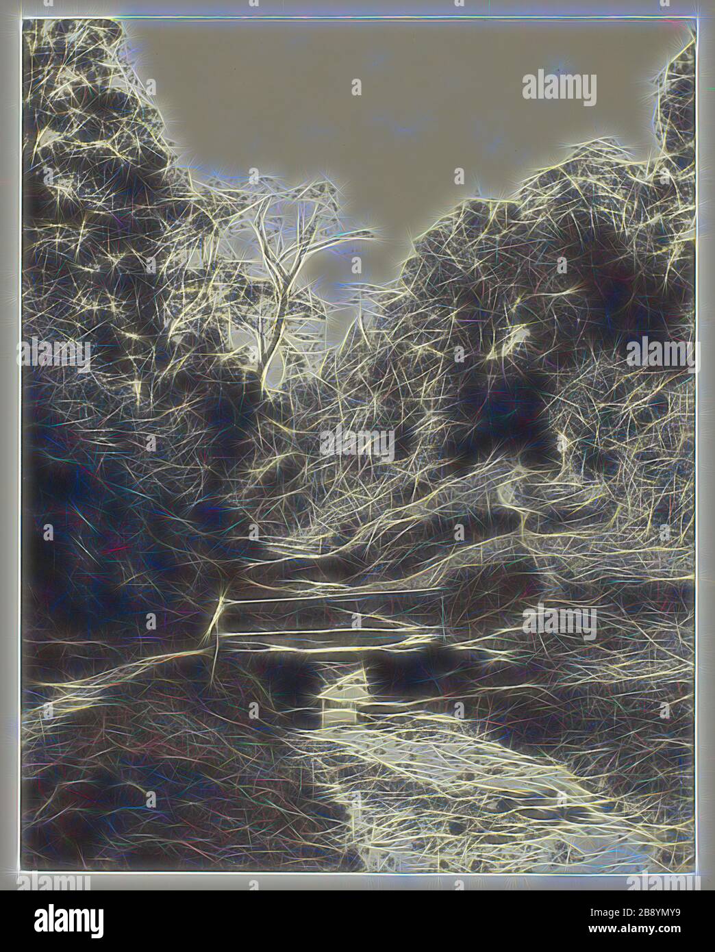 Scène près de Godalming, Surrey, ch. 1856, Alfred Rosling, anglais, 1802–1880, Angleterre, imprimé Albumen, 21,7 × 17,2 cm (image/papier), 44,7 × 33 cm (support), repensé par Gibon, design de brillant gai chaud de luminosité et de rayonnement de lumière. L'art classique réinventé avec une touche moderne. La photographie inspirée du futurisme, qui embrasse l'énergie dynamique de la technologie moderne, du mouvement, de la vitesse et révolutionne la culture. Banque D'Images