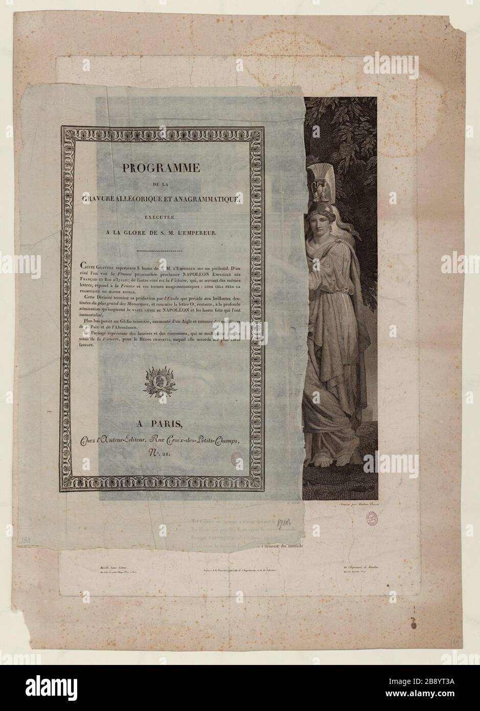 Gravé allégorique à la gloire de Napoléon, accompagné d'une description sur papier séparé, décoré d'un autocollant Banque D'Images