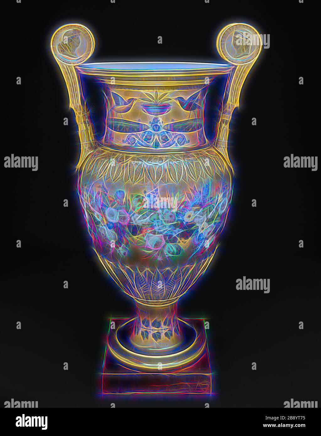 Londonderry vase, 1813, fabrique de porcelaine de Sèvres (Sèvres, France, fondée 1740), conçue par Charles Percier (Français, 1764-1838), Décoration conçue par Alexandre-Theodore Brogniart (Français, 1739-1813), fleurs et ornement peints par Gilbert Drouet (Français, 1785–1825), Argots peints en porcelaine, argilante et en porcelaine de Sènelle (1715) Et supports en bronze doré, 137,2 cm (54 po.), repensés par Gibon, design d'un brillant chaleureux et joyeux de la luminosité et des rayons de lumière radiance. L'art classique réinventé avec une touche moderne. Photographie in Banque D'Images