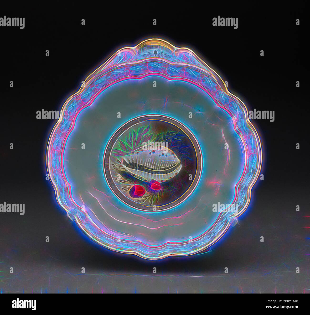 Plaque, 1813/19, Worcester Porcelaine Factory (vol, période Barr & Barr), Worcester, Angleterre, fondée 1751, Worcester, porcelaine à pâte souple avec émaux polychrome et dorures, 4,8 x 18,9 x 19,7 cm (1 7/8 x 7 7/16 x 7 3/4 po), réinventée par Gibon, conception d'un brillant chaleureux et joyeux de la luminosité et des rayons de lumière radiance. L'art classique réinventé avec une touche moderne. La photographie inspirée du futurisme, qui embrasse l'énergie dynamique de la technologie moderne, du mouvement, de la vitesse et révolutionne la culture. Banque D'Images