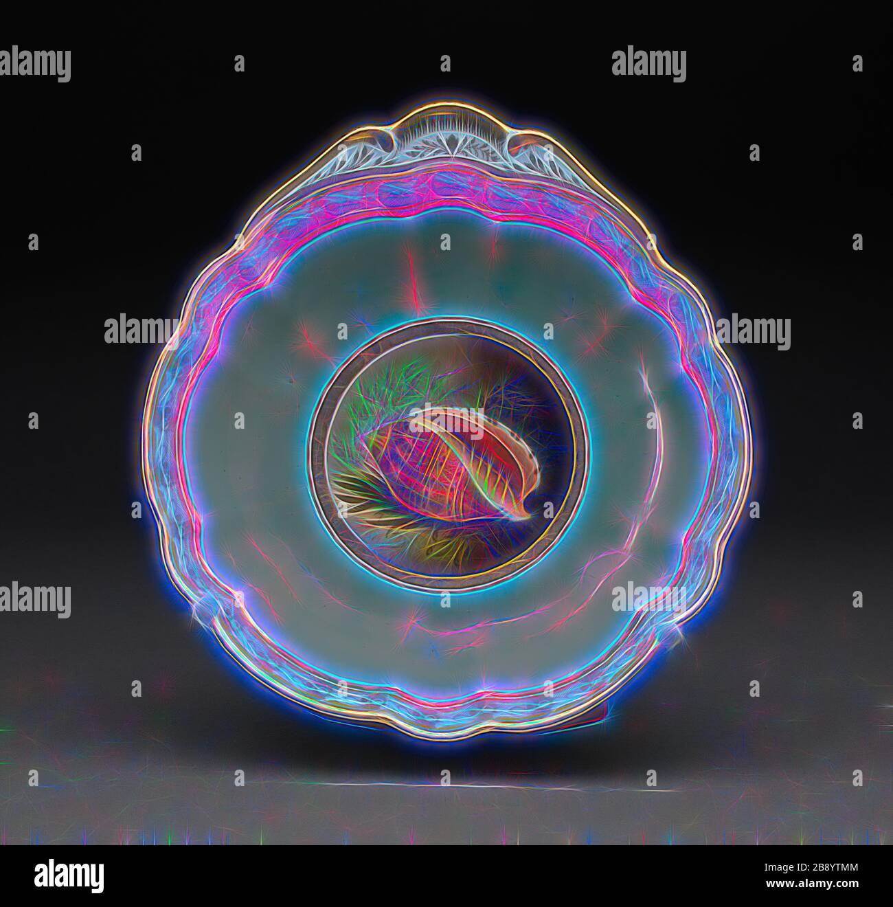 Plaque, 1813/19, Worcester Porcelaine Factory (vol, période Barr & Barr), Worcester, Angleterre, fondée 1751, Worcester, porcelaine à pâte souple avec émaux polychrome et dorures, 4,8 x 18,9 x 19,7 cm (1 7/8 x 7 7/16 x 7 3/4 po), réinventée par Gibon, conception d'un brillant chaleureux et joyeux de la luminosité et des rayons de lumière radiance. L'art classique réinventé avec une touche moderne. La photographie inspirée du futurisme, qui embrasse l'énergie dynamique de la technologie moderne, du mouvement, de la vitesse et révolutionne la culture. Banque D'Images
