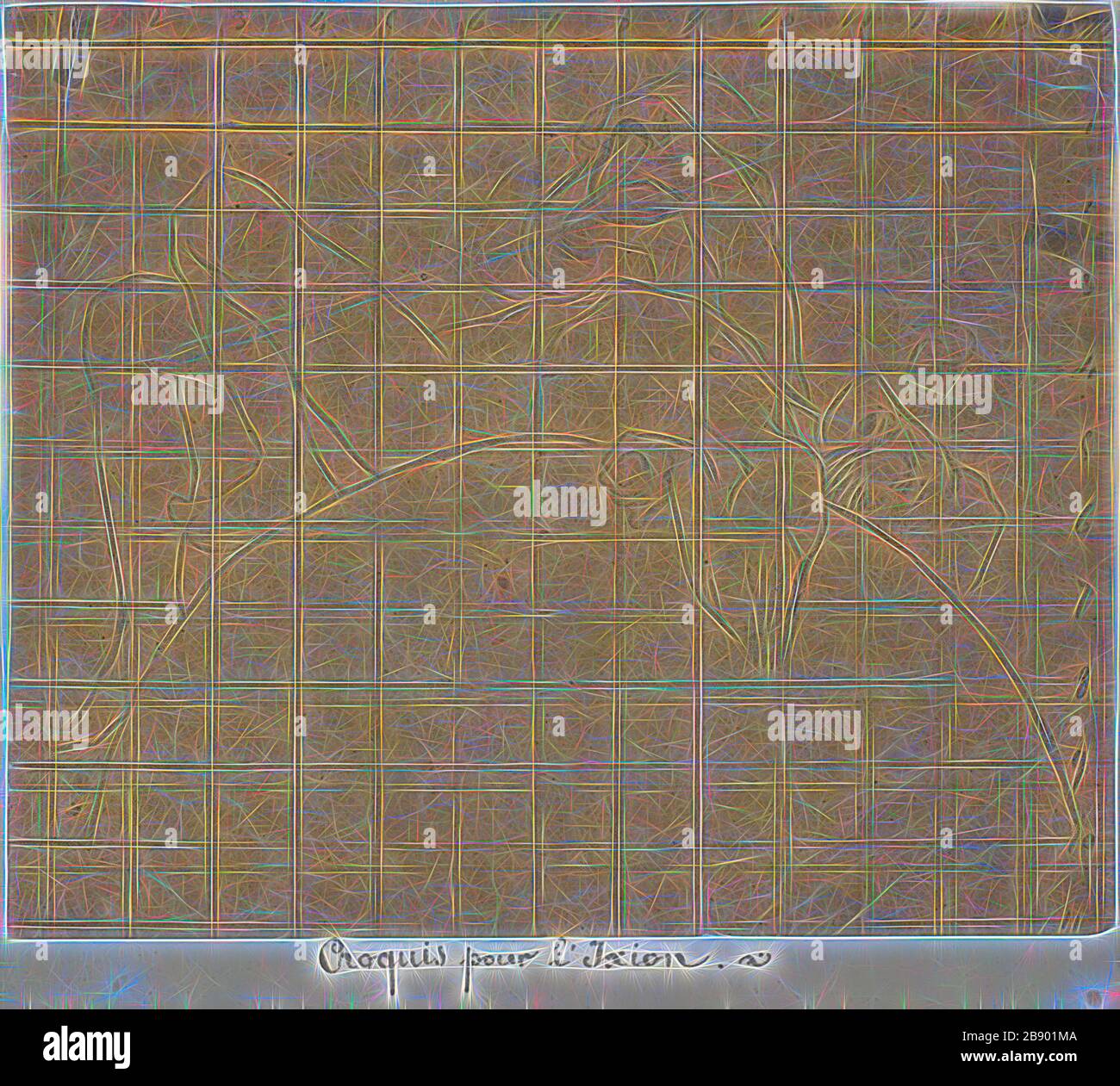 La Torment d'Ixion, c. 1876, Jules-Élie Delaunay, Français, 1828-1891, France, Graphite sur papier vélin brun clair, carré pour le transfert, 235 × 280 mm, réinventé par Gibon, design de glanissement chaleureux et gai de la luminosité et des rayons de lumière. L'art classique réinventé avec une touche moderne. La photographie inspirée du futurisme, qui embrasse l'énergie dynamique de la technologie moderne, du mouvement, de la vitesse et révolutionne la culture. Banque D'Images