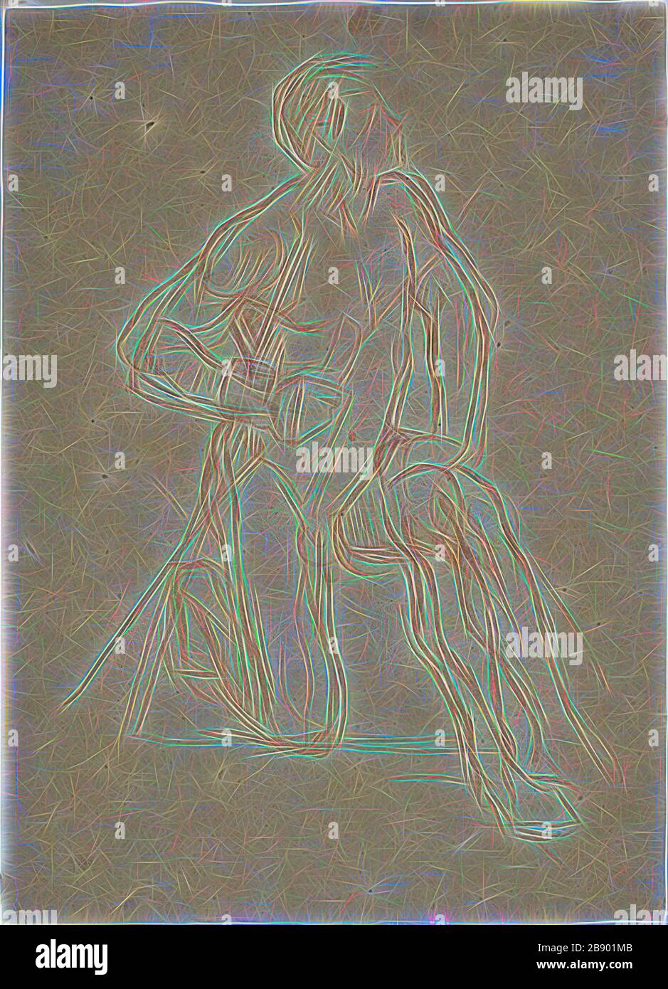 Figurine mâle à pétrir, c. 1874, Jules-Élie Delaunay, Français, 1828-1891, France, craie rouge sur papier de bouffe, 287 × 210 mm, repensée par Gibon, design de glanissement chaleureux et gai de la luminosité et des rayons de lumière radiance. L'art classique réinventé avec une touche moderne. La photographie inspirée du futurisme, qui embrasse l'énergie dynamique de la technologie moderne, du mouvement, de la vitesse et révolutionne la culture. Banque D'Images