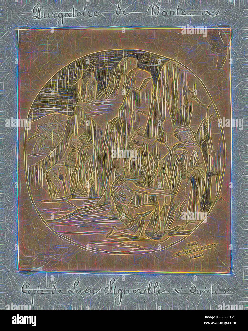 Le purgatoire de Dante, c. 1857, Jules-Élie Delaunay (français, 1828-1891), après Luca Signorelli (italien, ch. 1450-1523), France, encre plume et marron sur papier vélin brun clair, 190 × 167 mm, repensée par Gibon, conception d'un brillant chaleureux et gai de luminosité et de rayonnement de lumière. L'art classique réinventé avec une touche moderne. La photographie inspirée du futurisme, qui embrasse l'énergie dynamique de la technologie moderne, du mouvement, de la vitesse et révolutionne la culture. Banque D'Images