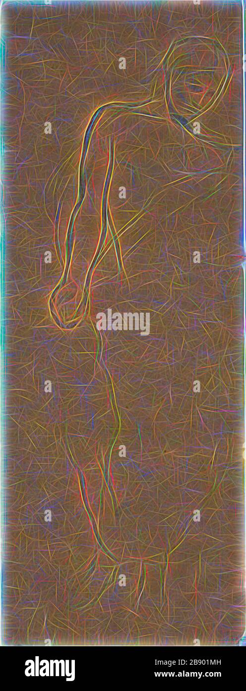Étude d'une figure drapée sur pied, 1850/60, Jules-Élie Delaunay, Français, 1828-1891, France, Graphite sur papier vélin brun clair, 317 × 121 mm, repensée par Gibon, conception d'un brillant chaleureux et joyeux de la luminosité et des rayons de lumière radiance. L'art classique réinventé avec une touche moderne. La photographie inspirée du futurisme, qui embrasse l'énergie dynamique de la technologie moderne, du mouvement, de la vitesse et révolutionne la culture. Banque D'Images
