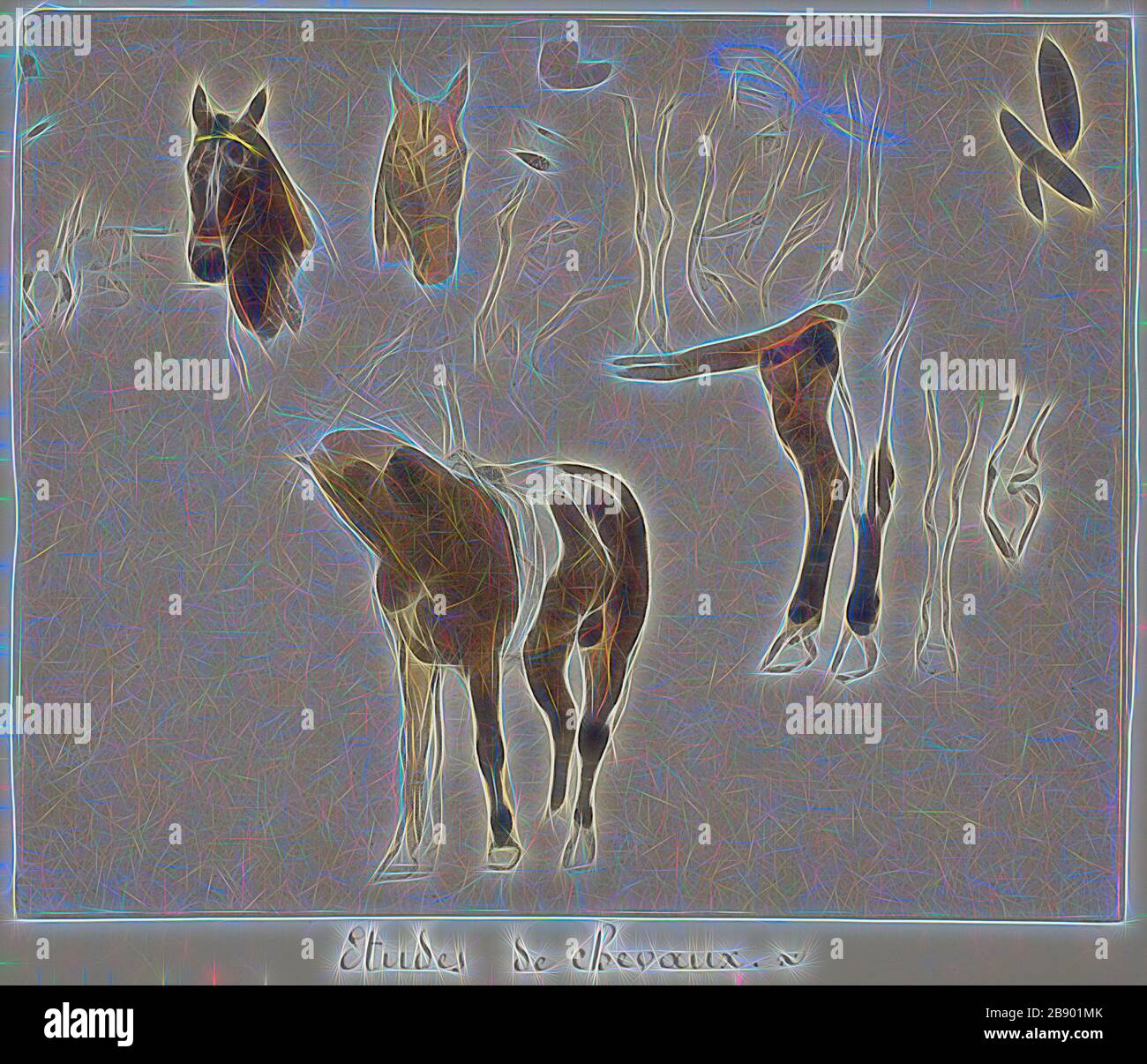 Etudes de chevaux, s.d., Jules-Élie Delaunay, Français, 1828-1891, France, Graphite, avec lavage à l'encre et touches de gouache, sur papier de bouffe, 222 × 267 mm, repensé par Gibon, design de glanissement chaleureux et gai de luminosité et de rayons de lumière radiance. L'art classique réinventé avec une touche moderne. La photographie inspirée du futurisme, qui embrasse l'énergie dynamique de la technologie moderne, du mouvement, de la vitesse et révolutionne la culture. Banque D'Images
