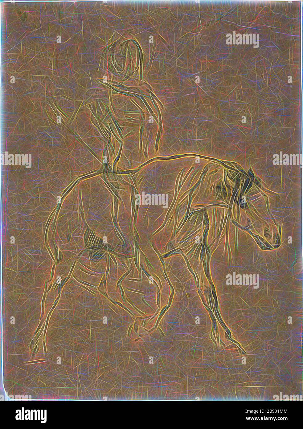 Étude d'un cheval et d'un Rider, c. 1874, Jules-Élie Delaunay, Français, 1828-1891, France, Charcoal, avec des touches de gouache, sur papier de Chine brun clair, 210 × 153 mm, réinventé par Gibon, design de glanissement chaleureux et gai de luminosité et de rayons de lumière radiance. L'art classique réinventé avec une touche moderne. La photographie inspirée du futurisme, qui embrasse l'énergie dynamique de la technologie moderne, du mouvement, de la vitesse et révolutionne la culture. Banque D'Images