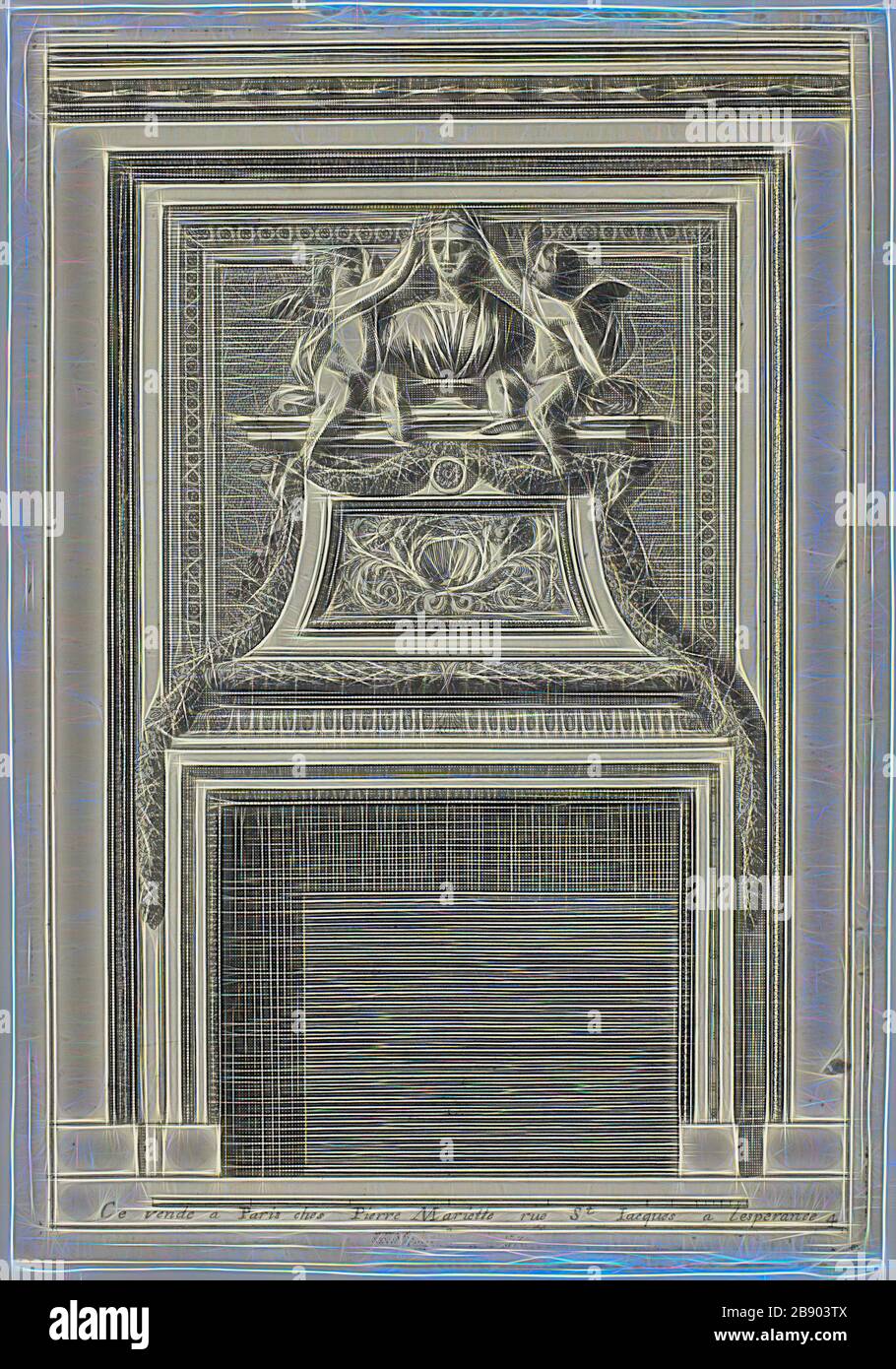 Cheminées de la manière italienne, s. d., Jean le Pautre, français, 1618-1682, France, gravure sur papier ivoire, 215 × 149 mm (plaque), 224 × 155 mm (feuille), repensée par Gibon, design de glanissement chaud et gai de la luminosité et des rayons de lumière radiance. L'art classique réinventé avec une touche moderne. La photographie inspirée du futurisme, qui embrasse l'énergie dynamique de la technologie moderne, du mouvement, de la vitesse et révolutionne la culture. Banque D'Images