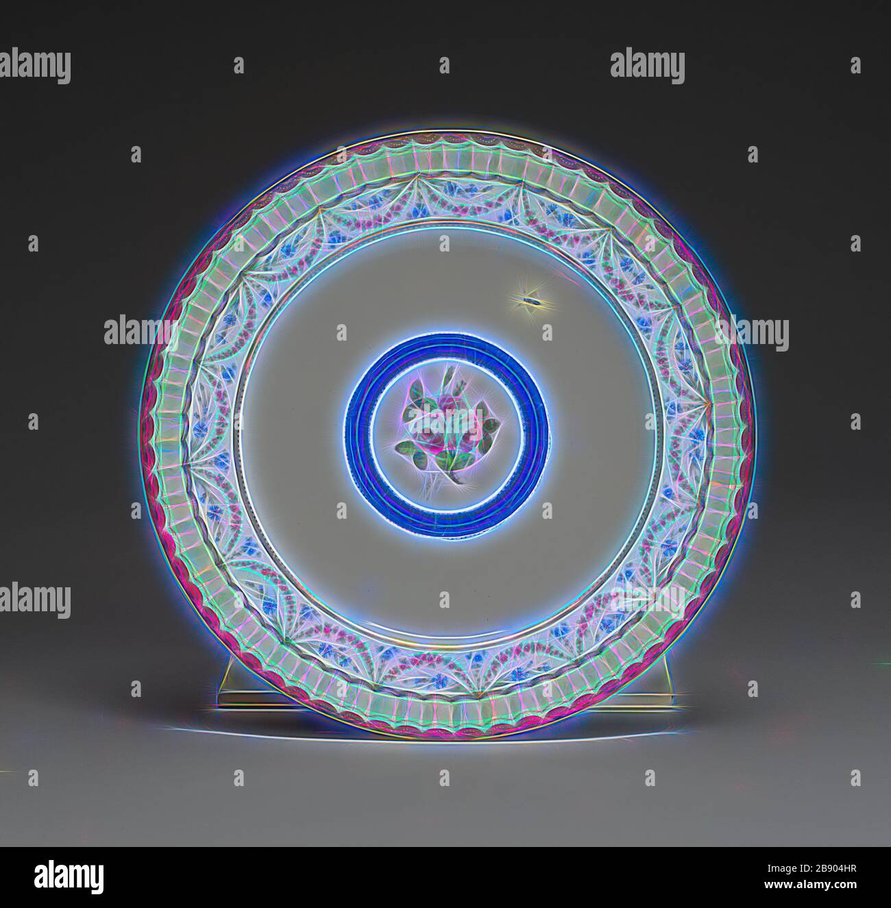 Assiette, 1792, fabrique de porcelaine Sèvres, française, fondée 1740, peinte par Jean-Baptiste Tandart (française, active 1754/1803), Sèvres, porcelaine à pâte molle, émaux polychrome et dorures, Diam. 24,5 cm (9 5/8 in.), repensée par Gibon, design de glanissement chaleureux et gai de la luminosité et des rayons de lumière radiance. L'art classique réinventé avec une touche moderne. La photographie inspirée du futurisme, qui embrasse l'énergie dynamique de la technologie moderne, du mouvement, de la vitesse et révolutionne la culture. Banque D'Images