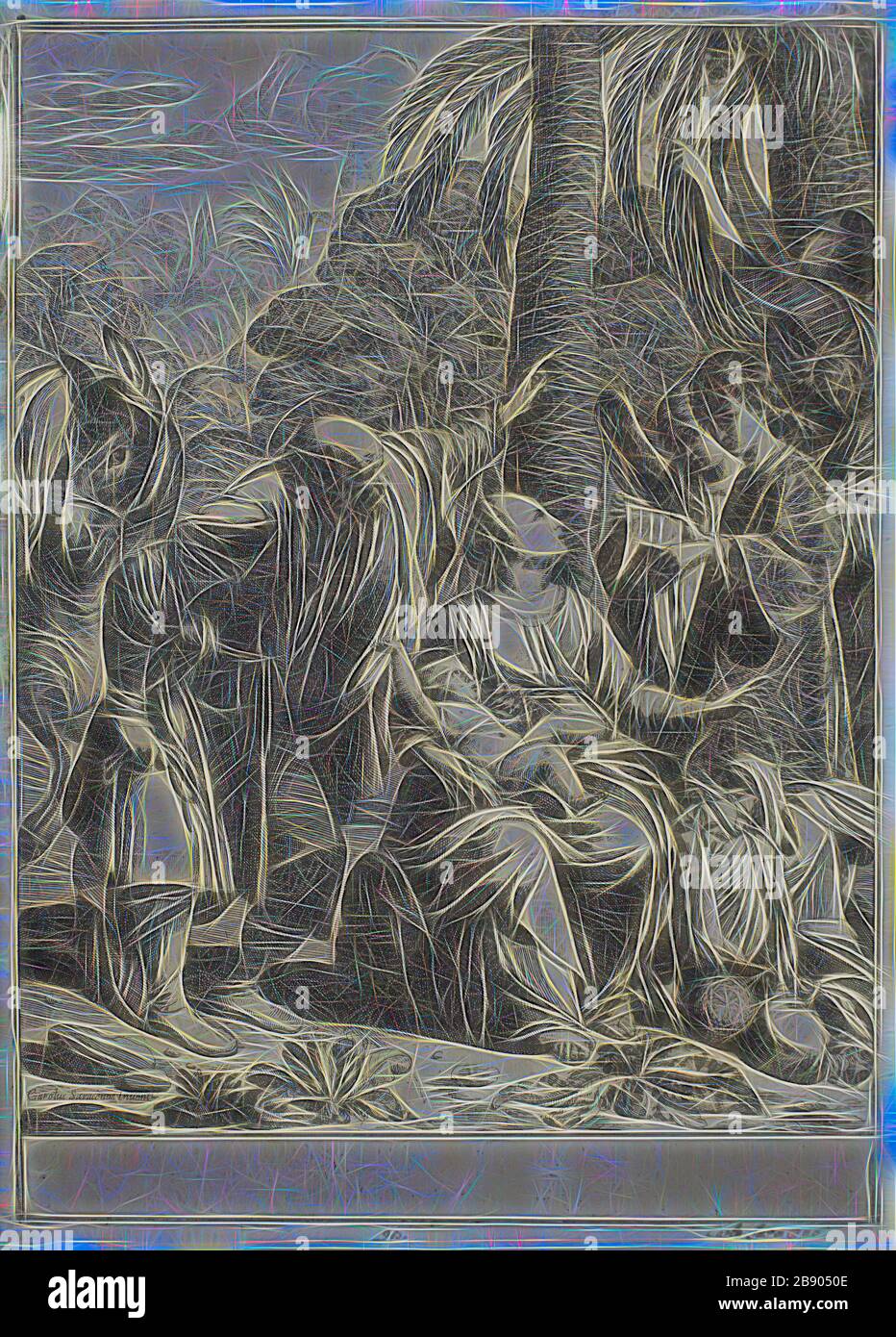 Reposez-vous sur le vol en Egypte, 1620/30, Jean le Clerc (français, 1585/87-1633), après Carlo Saraceni (italien, 1579-1620), France, Etching sur papier crème, 318 × 229 mm (plaque), 324 × 237 mm (feuille), repensé par Gibon, design de lumière chaude et de lumière joyeuse imaginée. L'art classique réinventé avec une touche moderne. La photographie inspirée du futurisme, qui embrasse l'énergie dynamique de la technologie moderne, du mouvement, de la vitesse et révolutionne la culture. Banque D'Images