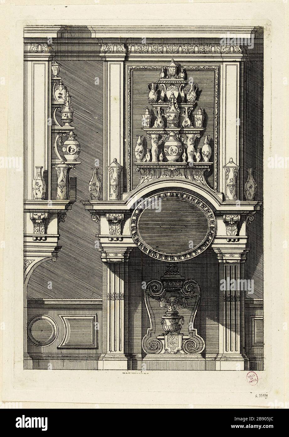 PROJET FEU Daniel Marot le Vieux (vers 1663-1752). 'Projet de cheminée'. Burin. Paris, musée Carnavalet. Banque D'Images