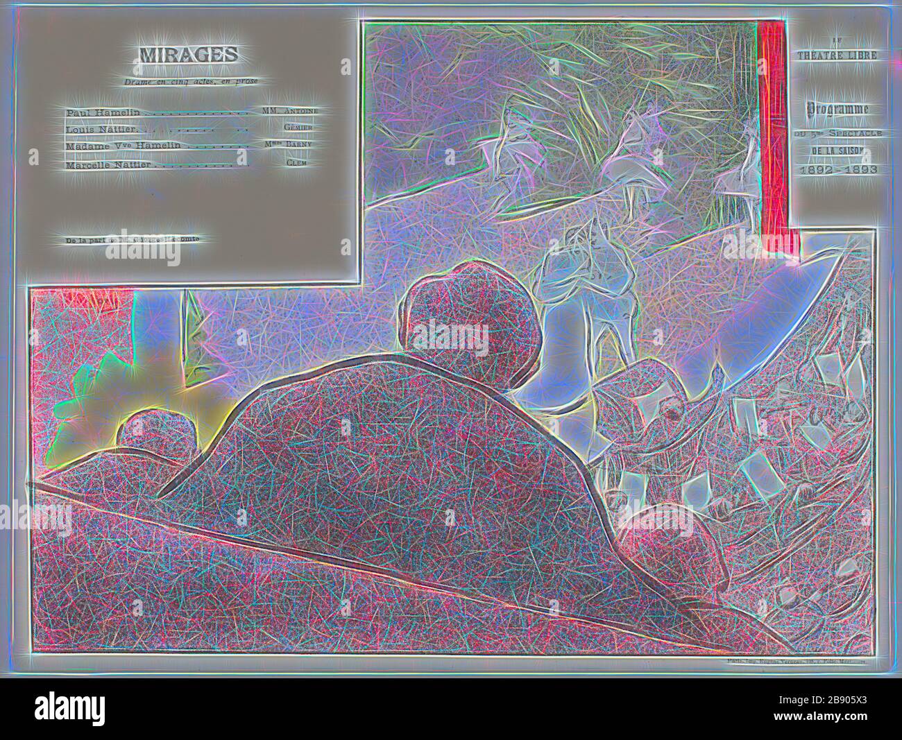 Cinquième performance : Mirages, pour le Théatre libre, 1892–1993, Henri-Gabriel Ibels (français, 1867-1936), imprimé par Imprimerie Eugène Verneau (français, XIXe siècle-1906), France, lithographie couleur sur papier vélin ivoire, 227 × 301 mm (image), 237 × 313 mm (feuille), réinventé par Gibon, design de rayons de lumière glanté et de lumière gaie. L'art classique réinventé avec une touche moderne. La photographie inspirée du futurisme, qui embrasse l'énergie dynamique de la technologie moderne, du mouvement, de la vitesse et révolutionne la culture. Banque D'Images