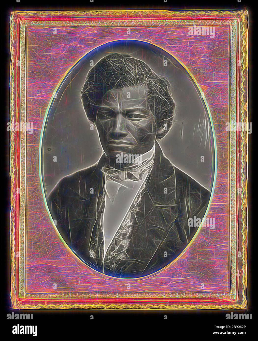 Frederick Douglass, 1847/52, Samuel J. Miller, américain, 1822–1888, États-Unis, Daguerréotype, 14 × 10,6 cm (5 1/2 × 4 1/8 in., plaque), 12,1 × 8,8 cm (4 3/4 × 3 1/2 in., ouverture du tapis), 15,2 × 12 × 1,4 cm (6 × 4 3/4 × 1/2 in., Plaque en boîtier fermé), 15,2 × 24 × 2 cm (6 × 9 1/2 × 3/4 in., plaque en boîtier ouvert), réinventée par Gibon, conception de brillant gai chaud de luminosité et de rayonnement de lumière. L'art classique réinventé avec une touche moderne. La photographie inspirée du futurisme, qui embrasse l'énergie dynamique de la technologie moderne, du mouvement, de la vitesse et révolutionne la culture. Banque D'Images