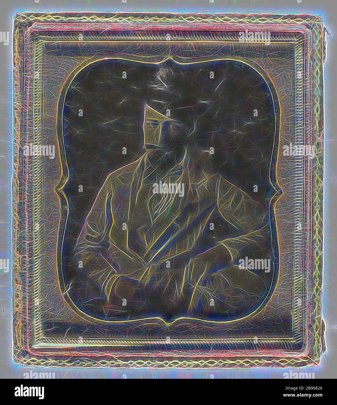 Sans titre, 1839/99, XIXe siècle, lieu inconnu, Daguerréotype, 8,3 x 7 cm (plaque), 9,2 x 8 x 0,9 cm (boîte), repensé par Gibon, design de glanissement chaleureux et joyeux de la luminosité et des rayons de lumière radiance. L'art classique réinventé avec une touche moderne. La photographie inspirée du futurisme, qui embrasse l'énergie dynamique de la technologie moderne, du mouvement, de la vitesse et révolutionne la culture. Banque D'Images