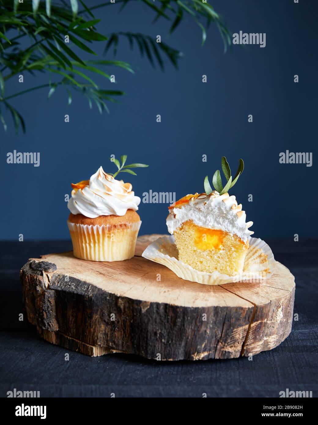 Cupcakes au citron maison décorés de citron et de feuilles sur fond bleu foncé. Banque D'Images