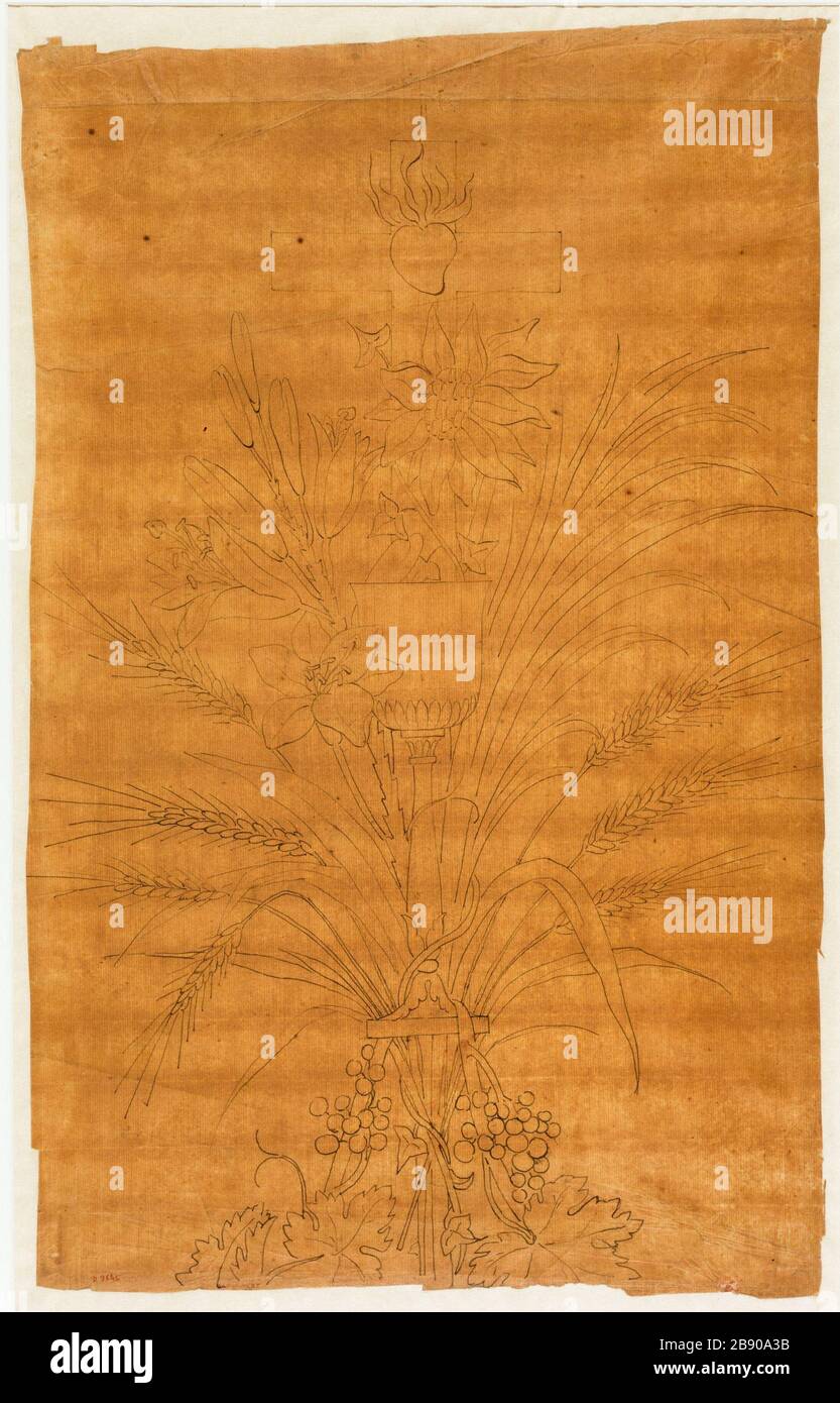 Motif plante avec un coeur brûlant sur une croix latine Guillaume Boichot (1735-1814). Motif végétal avec un coeur enflammé sur une croix latine. Panache et encre de Chine sur papier brun, 1735-1815. Paris, musée Carnavalet. Banque D'Images