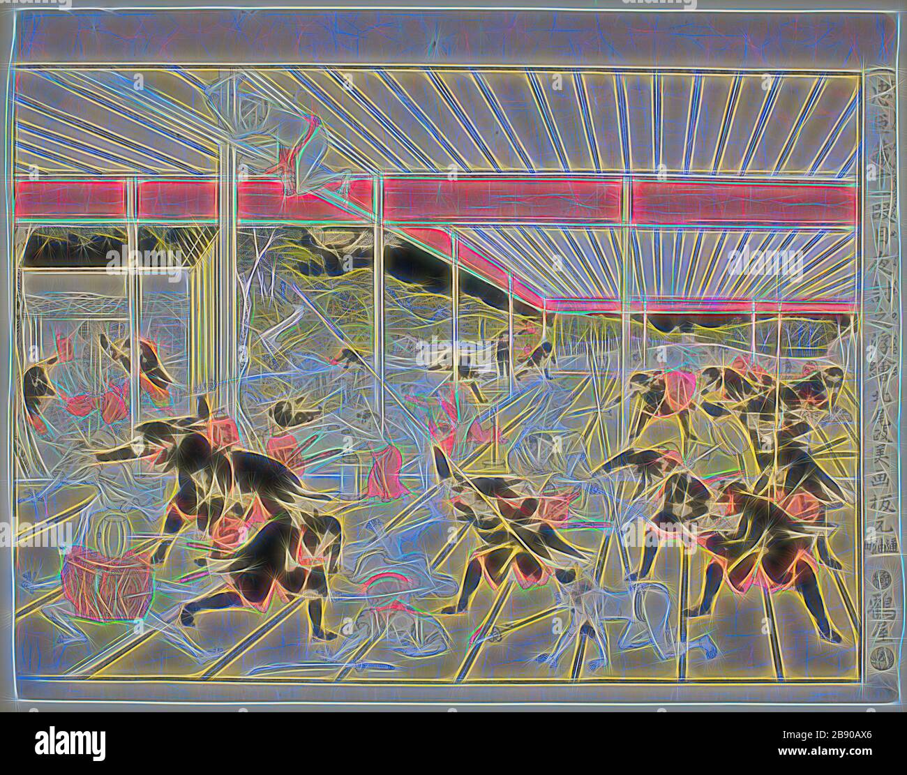 Vue d'ensemble de l'attaque nocturne de la Loi XI de la Storehouse des fidèles retardateurs (Chusingura juichidanme youchi no uki-e), c. 1791/94, Kitao Masayoshi (Kuwagata Keisai), japonais, 1764–1824, Japon, imprimé color woodblock, horizontal o-oban, 33,4 x 43,8 cm, repensé par Gibon, design de glanissement chaleureux et gai de luminosité et de rayons de lumière radiance. L'art classique réinventé avec une touche moderne. La photographie inspirée du futurisme, qui embrasse l'énergie dynamique de la technologie moderne, du mouvement, de la vitesse et révolutionne la culture. Banque D'Images