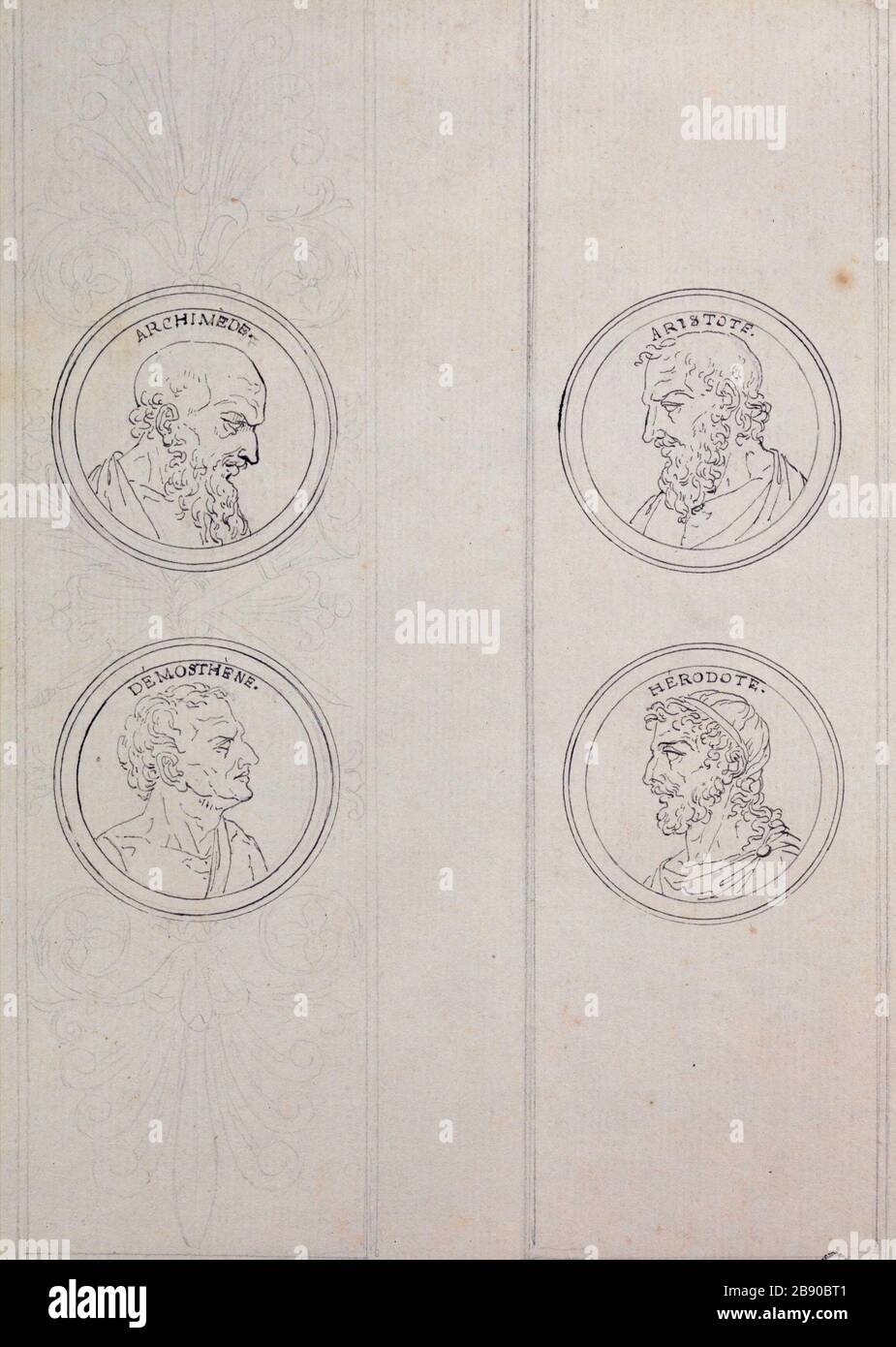 Quatre médaillons représentés Archimedes, Aristote, Demosthenes et Hérodote Guillaume Boichot (1735-1814). Quatre-pages dans les lesquel sont représentés Archimède, Aristote, Démosthène et Hérodote, 1735-1815. Panache sur papier bleu gris. Paris, musée Carnavalet. Banque D'Images