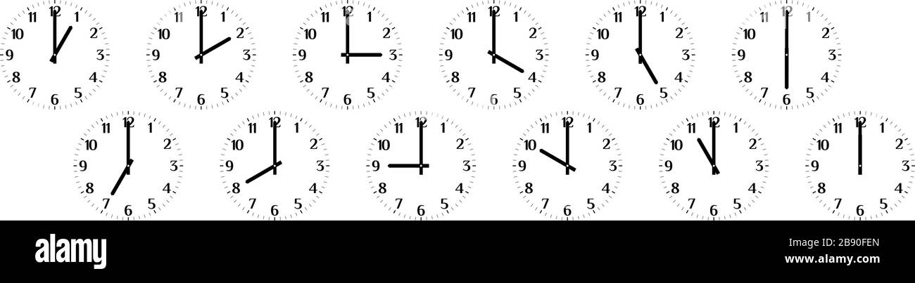 Jeu de douze faces d'horloge noires rondes isolées sur fond blanc montrant différentes heures de un à douze. Illustration vectorielle plate. Illustration de Vecteur