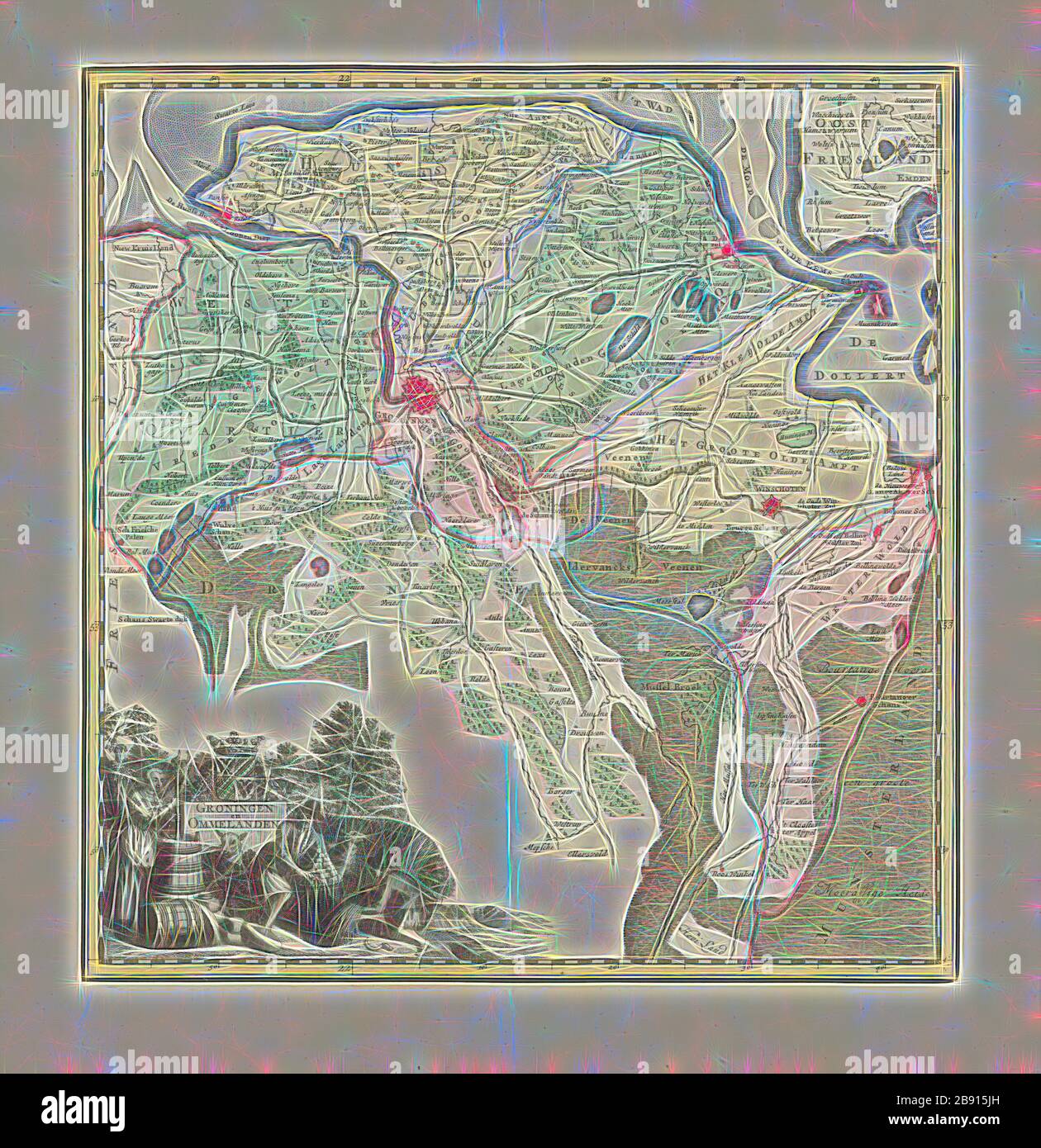 Carte, Groningue en Ommelanden, Isaak Tirion (c. 1705-1765), imprimé Copperplate, repensé par Gibon, design de gaie chaleureuse de luminosité et de rayonnement de rayons lumineux. L'art classique réinventé avec une touche moderne. La photographie inspirée du futurisme, qui embrasse l'énergie dynamique de la technologie moderne, du mouvement, de la vitesse et révolutionne la culture. Banque D'Images