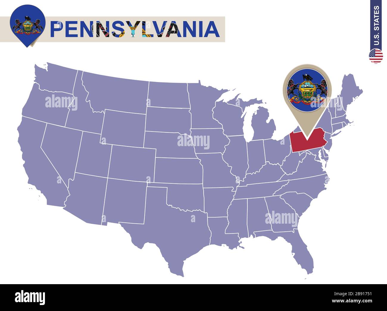 Pennsylvania State sur la carte des États-Unis. Drapeau et carte de Pennsylvanie. États-UNIS. Illustration de Vecteur