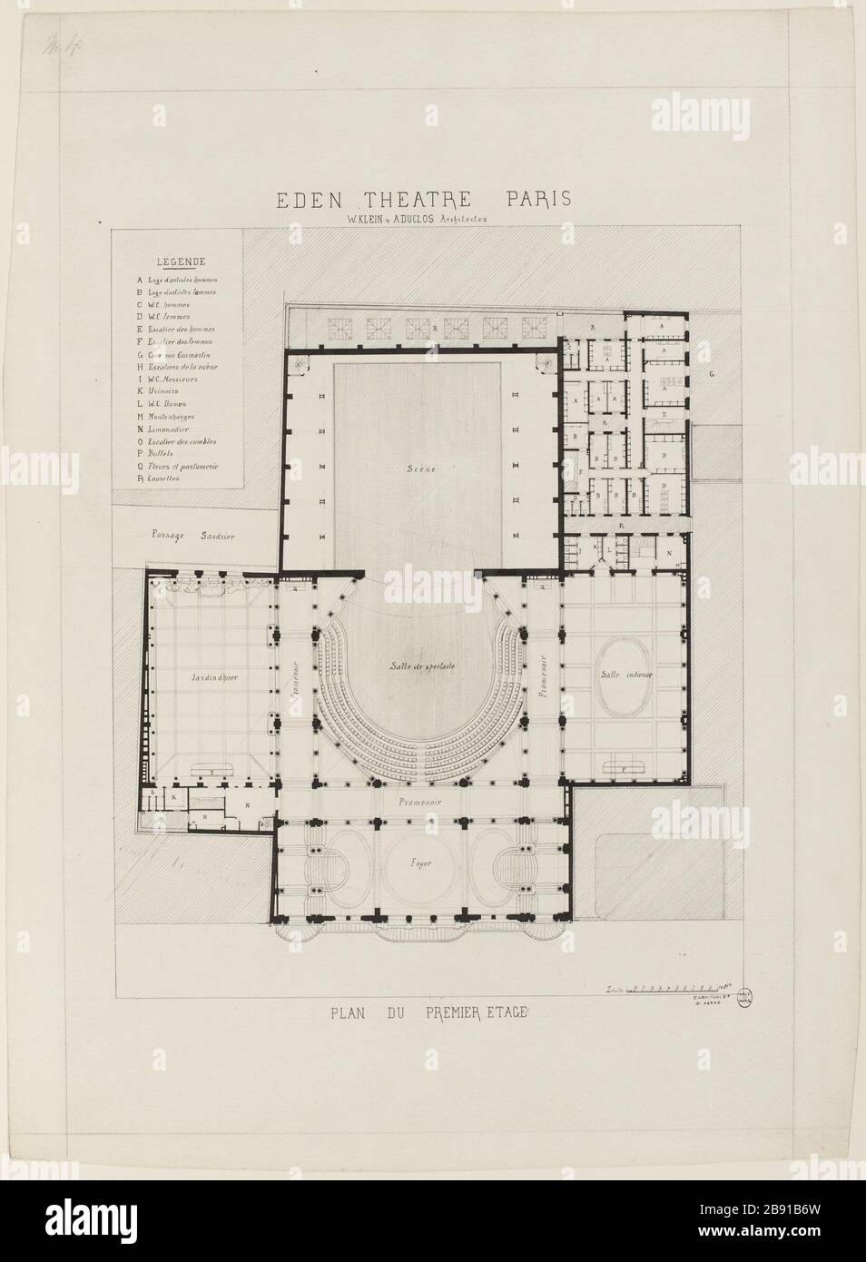 Plan du premier étage du théâtre Eden Boudreau Street, neuvième Arrondissement, Paris Banque D'Images