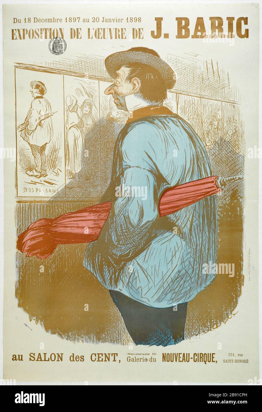 EXPOSITION D'ŒUVRES D'ART AU SALON J.BARIC CENT GALLERY NEW CIRCUS Jules Jean Antoine Baric (1830-1905). Imprimerie A. Davy. Exposition de l'oeuvre de J.Baric au salon des cent, Galerie du Nouveau Cirque. Fiche. Lithographie couleur et typographie, 1897. Paris, musée Carnavalet. Banque D'Images