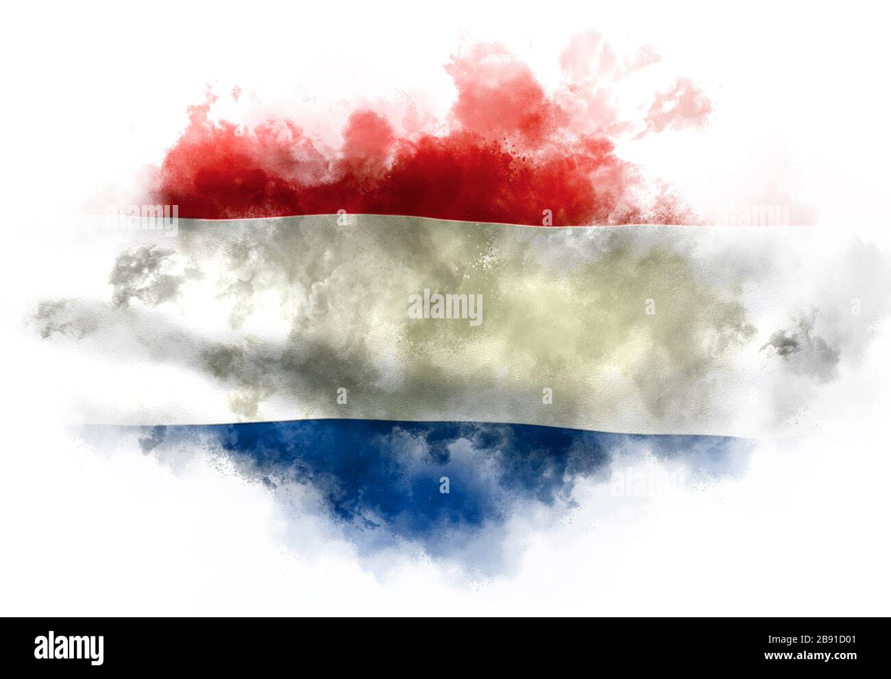 Drapeau néerlandais exécuté à partir de la fumée de couleur sur le fond blanc. Symbole abstrait. Banque D'Images