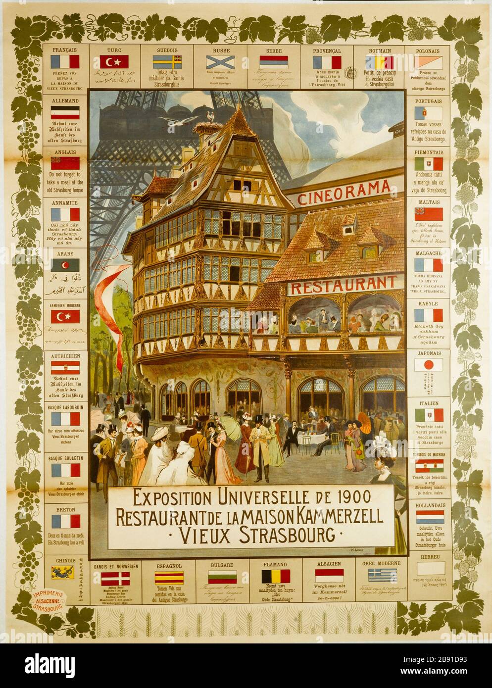 EXPOSITION UNIVERSELLE 1900 RESTAURANT Maison Kammerzell, VIEUX STRASBOURG Henri Loux (1873-1907). Imprimerie Alsacienne. Exposition universelle de 1900, Restaurant de la Maison Kammerzell, Vieux Strasbourg. Fiche. Lithographie couleur, 1900. Paris, musée Carnavalet. Banque D'Images