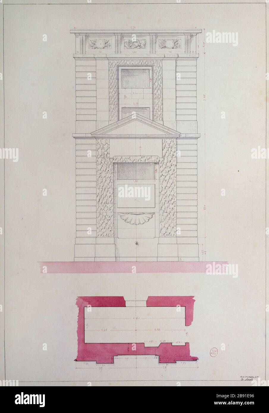Plan et section de la fontaine, rue Montmartre, IIe arrondissement, Paris Anonyme. Plan et coupé de la fontaine, rue Montmartre. Paris (IIème arr). Panache, encre de Chine, lavis rose et rouge. Paris, musée Carnavalet. Banque D'Images