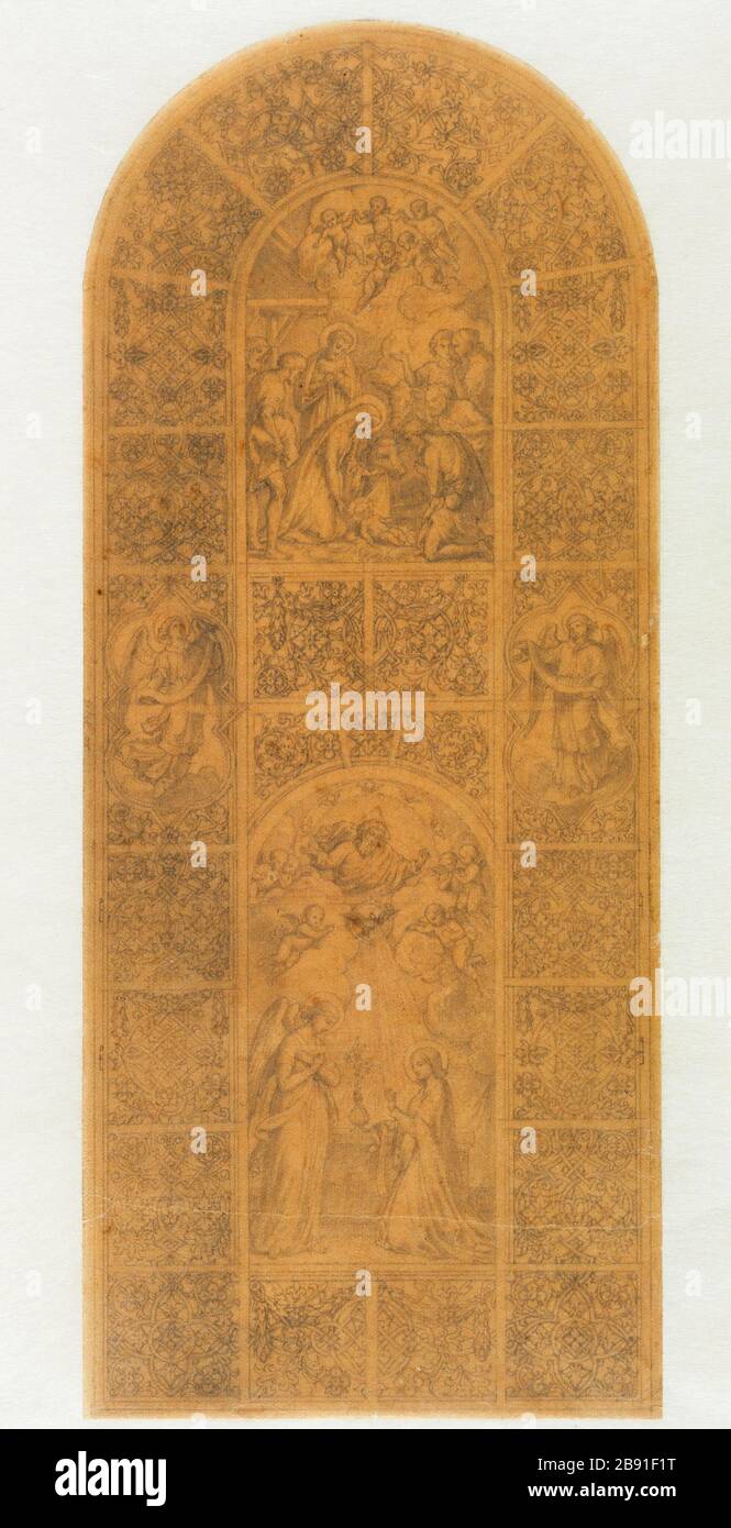 Projet couvert représentant l'Annonciation et la Nativité Jean Gaspard Jules ou Johann Caspar Julius Gsell (1814-1904). Projet de verrière Représentant l'Annonciation et la Nativité. Crayon sur calcaire. Paris, musée Carnavalet. Banque D'Images