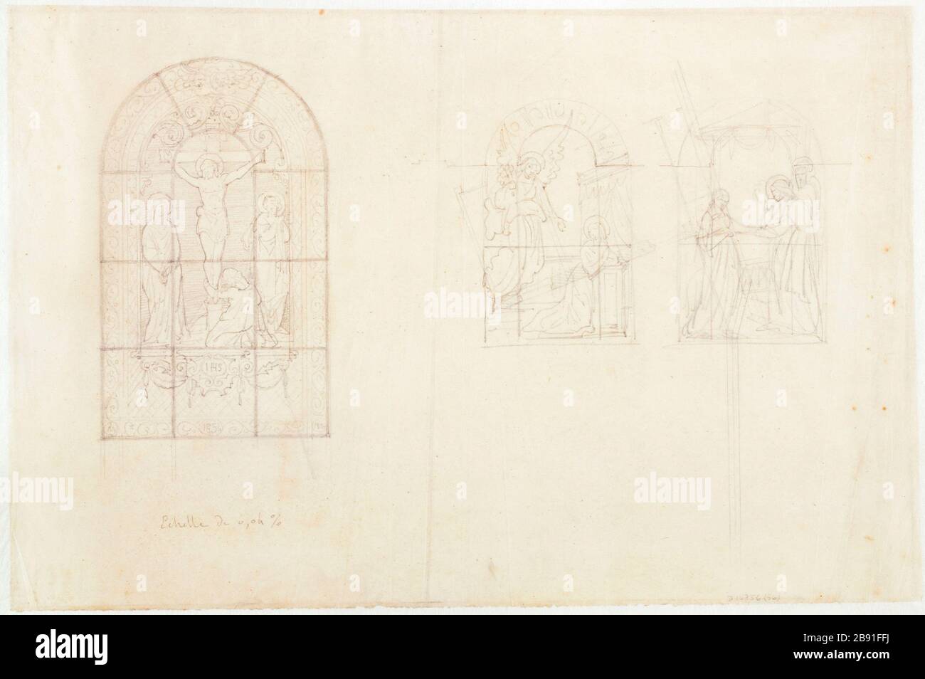 Le projet a couvert trois croquis représentant une crucifixion et une vie Sainte Jean Gaspard Jules ou Johann Caspar Julius Gsell (1814-1904). Projet de verrière en trois esquisses représentant une crucifixion et la vie de saintes. Crayon. Paris, musée Carnavalet. Banque D'Images