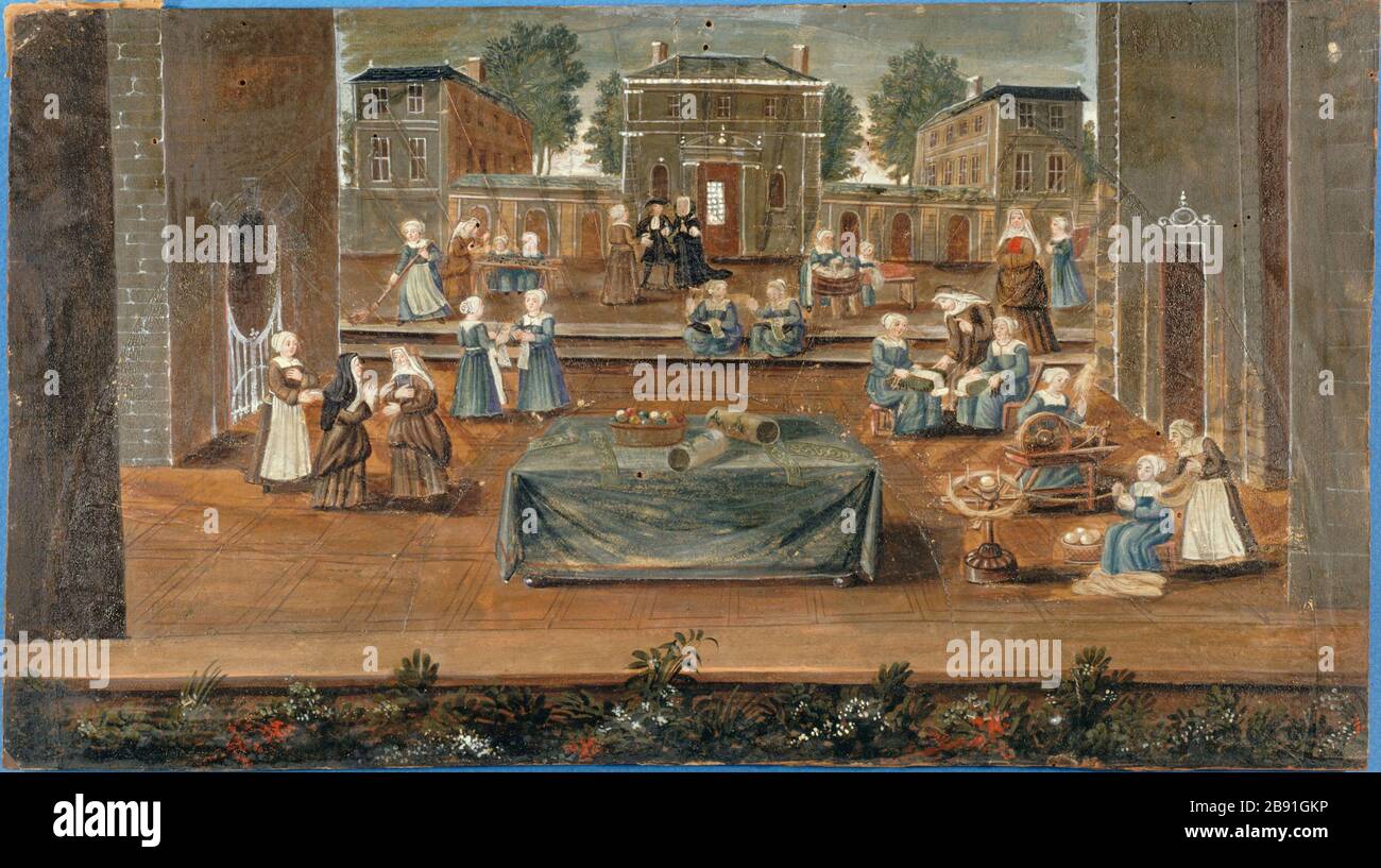 PARIS - MAISON de ST CYR Maison de Saint-Cyr, carton d'Eventail. Ecole française, XVIIème siècle. Paris, musée Carnavalet. Banque D'Images