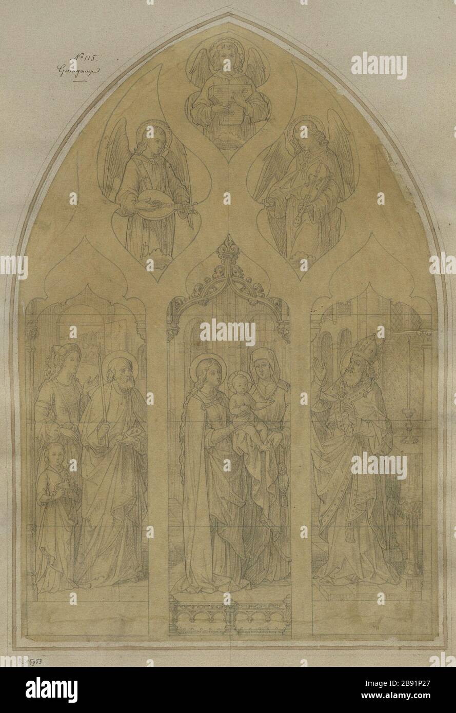 ALBUM N° 1 PROJET POUR GUINGAMP COLORÉ: PRÉSENTATION DE L'ENFANT JÉSUS ​​IN LE TEMPLE ATELIER GSELL-LAURENT. Projet de virail pour Guingamp : Présentation de l'enfant Jésus au Temple. Crayon. Paris, musée Carnavalet. Banque D'Images