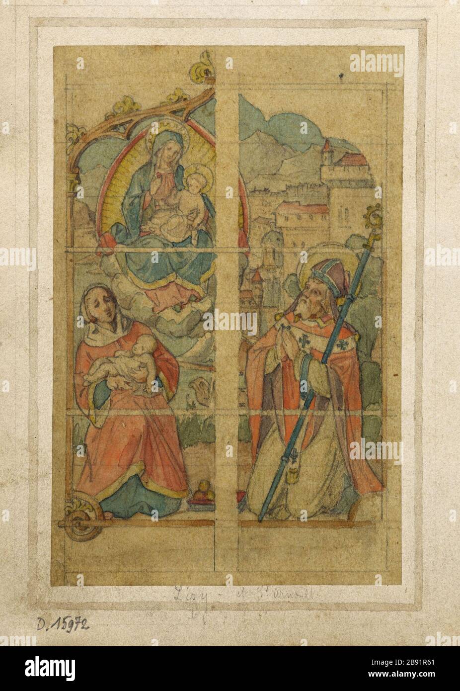 ALBUM NO: 2; BROUILLON POUR TACHÉ ET SAINT ARNOULT LIZY; APPARITION DE LA VIERGE À SAINT ÉVÊQUE ATELIER GSELL-LAURENT. Album n° 2 ; projet de virail pour Lizy et Saint Arnoult ; apparition de la Vierge à un Saint évêque. Crayon, aquarelle sur calcaire. Paris, musée Carnavalet. Banque D'Images
