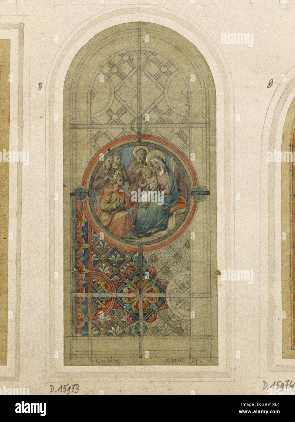 ALBUM NO: 2; BROUILLON POUR VITRAIL OUCHY; CULTE DE KINGS-MAGI ATELIER GSELL-LAURENT. Album n° 2 ; projet de vitrrail pour Ouchy ; adoration des rois-mages. Crayon, aquarelle sur calcaire. Paris, musée Carnavalet. Banque D'Images