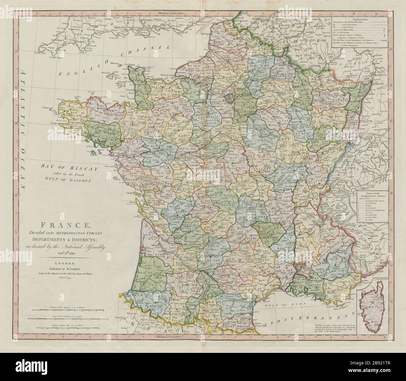 La France a divisé en cercles métropolitains, départements et districts FADEN 1792 carte Banque D'Images
