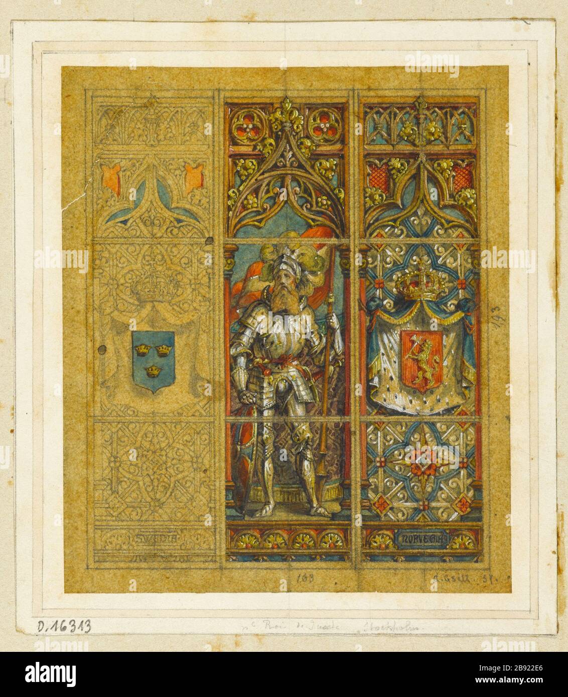 ALBUM # 4; PROJET POUR STATEED STOCKHOLM, SUÈDE KING; FENÊTRE TROIS TRAVÉES: PERSONNAGE EN ARMURE, ARMES DE SUÈDE, ARMES DE NORVÈGE ATELIER GSELL-LAURENT. Album n°4 ; projet de virail pour Stockholm, roi de Suède ; fenêtre à trois travées : persnage en armure, armes de Suède, armoiries de la Norvège. Crayon, aquarelle et gouache. Paris, musée Carnavalet. Banque D'Images