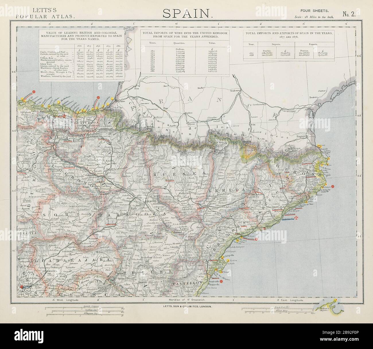 ESPAGNE NORD-EST. Catalogne Aragon Navarre. Phares de chemin de fer. LETTS 1884 carte Banque D'Images