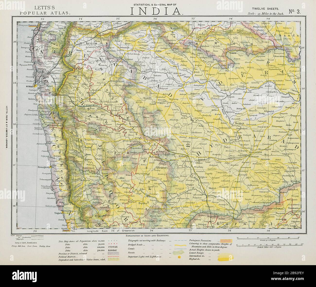 WESTERN BRITISH INDIA Maharashtra Bombay Mumbai Pune Goa Railways LETTS 1884 map Banque D'Images