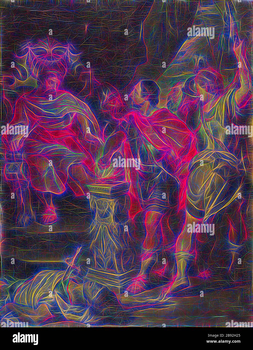Mucius Scaevola devant Porsenna, huile sur toile, 51,5 x 39,5 cm, signé à l'envers, en haut à gauche: N ° 112, JRHuber pinxit [JRH ligaté], Johann Rudolf Huber d. Ä., Bâle 1668–1748 Bâle, Peter Paul Rubens, (Kopie nach / Copy After), Siegen 1577–1640 Antwerpen, repensé par Gibon, conception de gai gai chaleureux de luminosité et de rayonnement de lumière. L'art classique réinventé avec une touche moderne. La photographie inspirée du futurisme, qui embrasse l'énergie dynamique de la technologie moderne, du mouvement, de la vitesse et révolutionne la culture. Banque D'Images