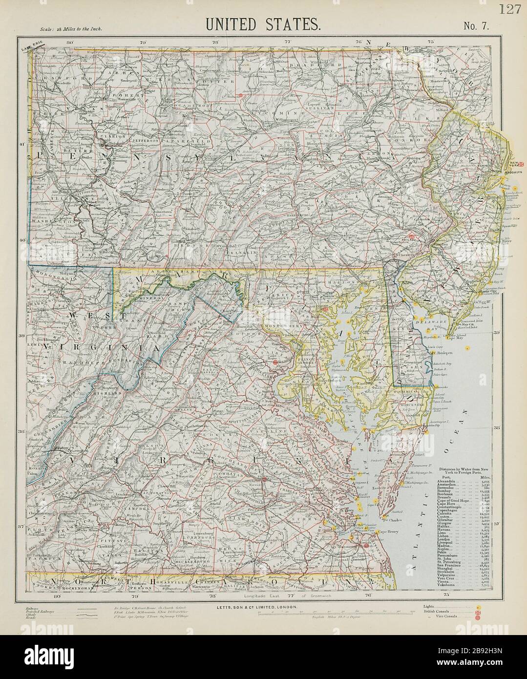 ÉTATS DU MILIEU DE L'ATLANTIQUE. Pennsylvanie NJ Maryland Delaware Virginie. LETTS 1884 carte Banque D'Images