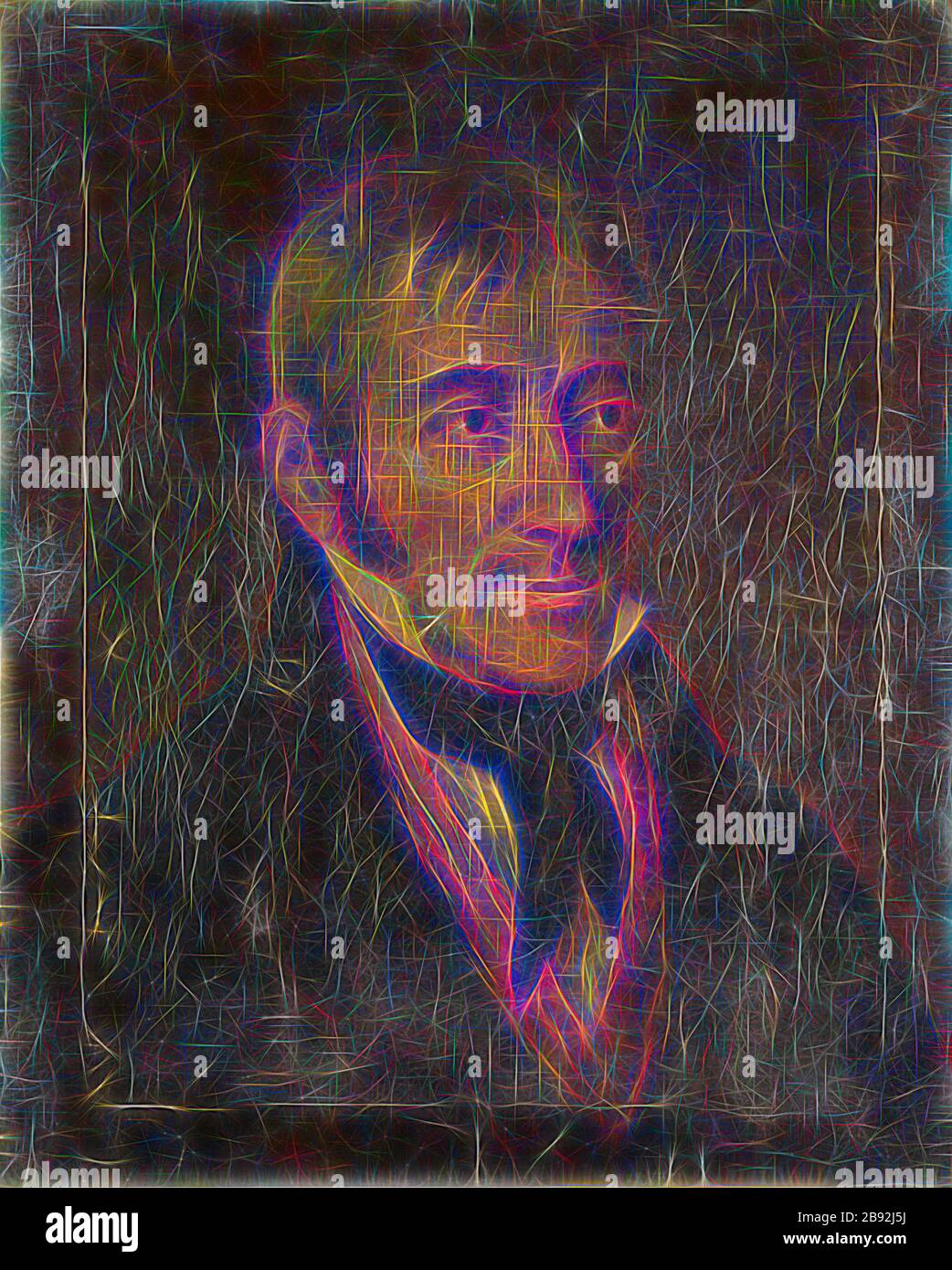Portrait d'un jeune homme, huile sur toile, 47,5 x 39 cm, non marqué, Unbekannt, 19. JH., repensé par Gibon, design de glanissement chaud et gai de la luminosité et des rayons de lumière radiance. L'art classique réinventé avec une touche moderne. La photographie inspirée du futurisme, qui embrasse l'énergie dynamique de la technologie moderne, du mouvement, de la vitesse et révolutionne la culture. Banque D'Images