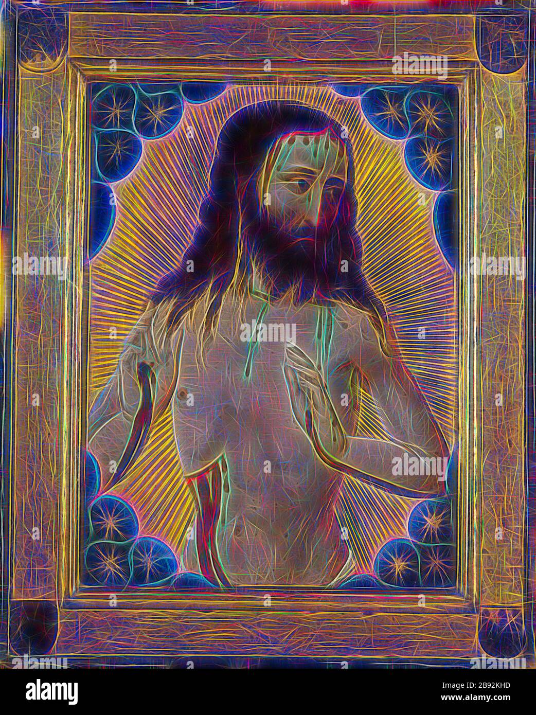 Christ comme homme de douleur (à l'intérieur), Manteau des bras de Georg von Löwenstein sur un fond bleu (à l'extérieur), c. 1456, technique mixte sur le bois de basse, 31,1 x 23,1 cm (avec cadre original: 41,4 x 33,3 cm), non marqué, Hans Pleydenwurff, (Werkstatt / atelier), Bamberg (?) um 1425–1472 Nürnberg, repensé par Gibon, design de glanissement chaleureux et gai de la luminosité et des rayons de lumière radiance. L'art classique réinventé avec une touche moderne. La photographie inspirée du futurisme, qui embrasse l'énergie dynamique de la technologie moderne, du mouvement, de la vitesse et révolutionne la culture. Banque D'Images